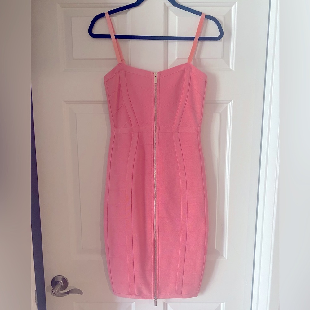Marciano pink dress with corral colored straps